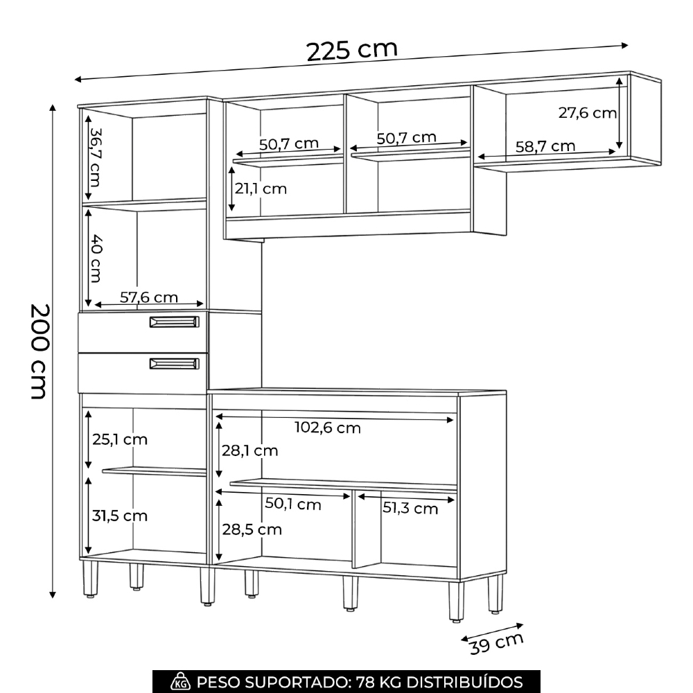 Armário Cozinha Compacta 225cm 7 Portas Elos Nature/Off B07 - Mpozenato