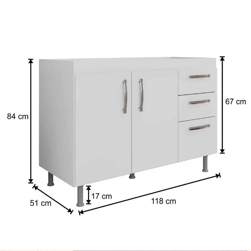 Balcão Gabinete Nathan com Pia Inox 120cm 2 Portas Branco - Nathy Móveis