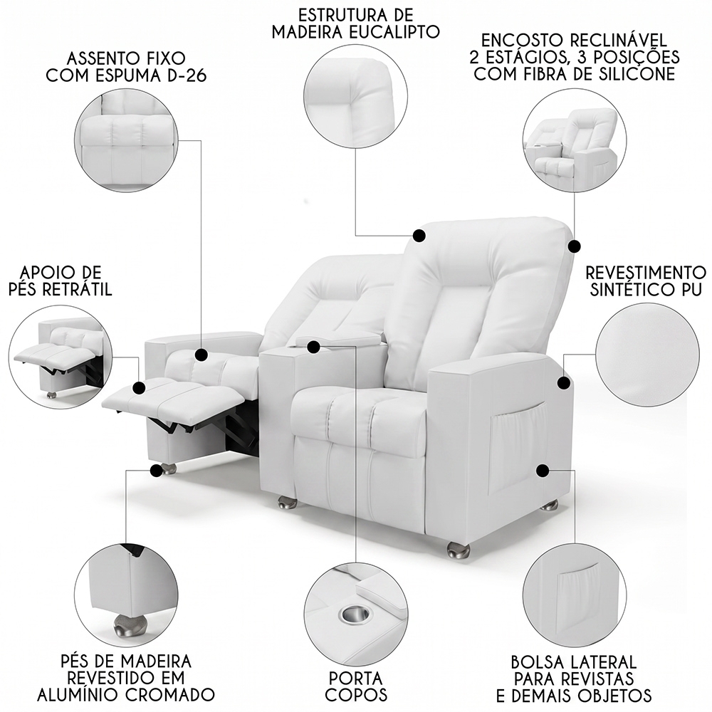 Poltrona Reclinável Para Cinema 2 Lugares Praddo FH9 PU Branco - Mpozenato