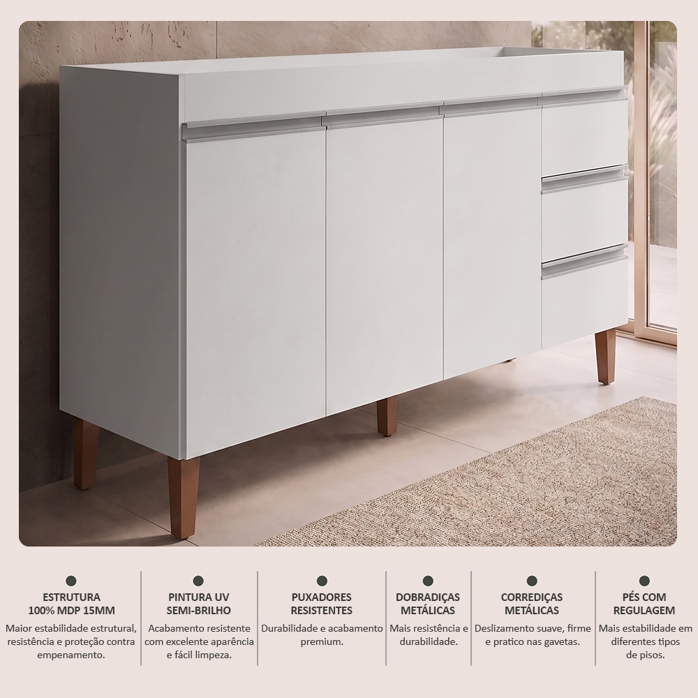 Balcão Gabinete Para Pia 160cm Sem Tampo 3 Portas Karen Z49 Branco - Mpozenato