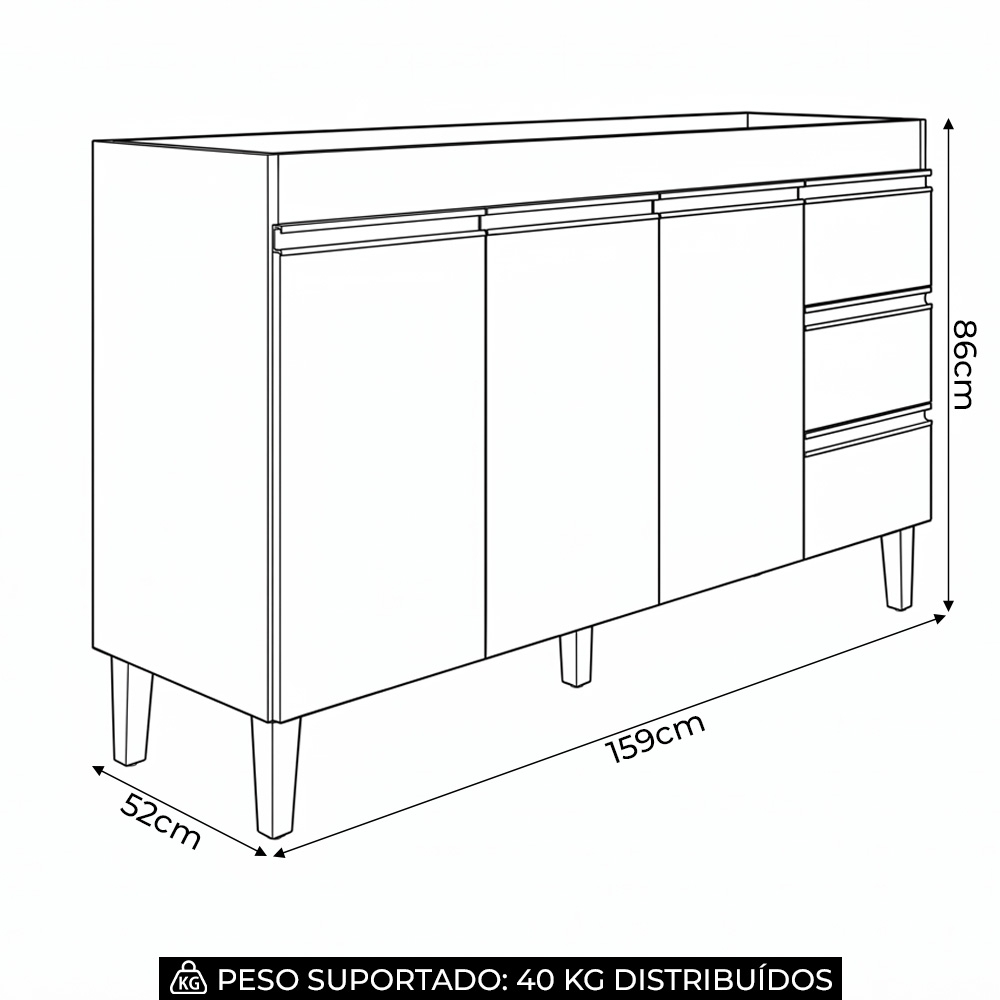 Balcão Gabinete Para Pia 160cm Sem Tampo 3 Portas Karen Z49 Branco - Mpozenato