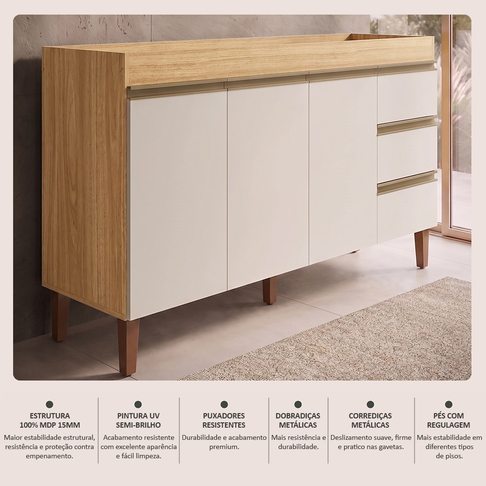 Balcão Gabinete Para Pia 160cm Sem Tampo 3 Portas Karen Z49 Nature/Off White - Mpozenato