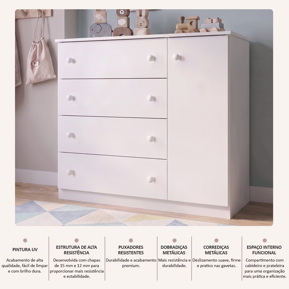 Cômoda Infantil Helena 01 Porta e 04 Gavetas Branco - Phoenix