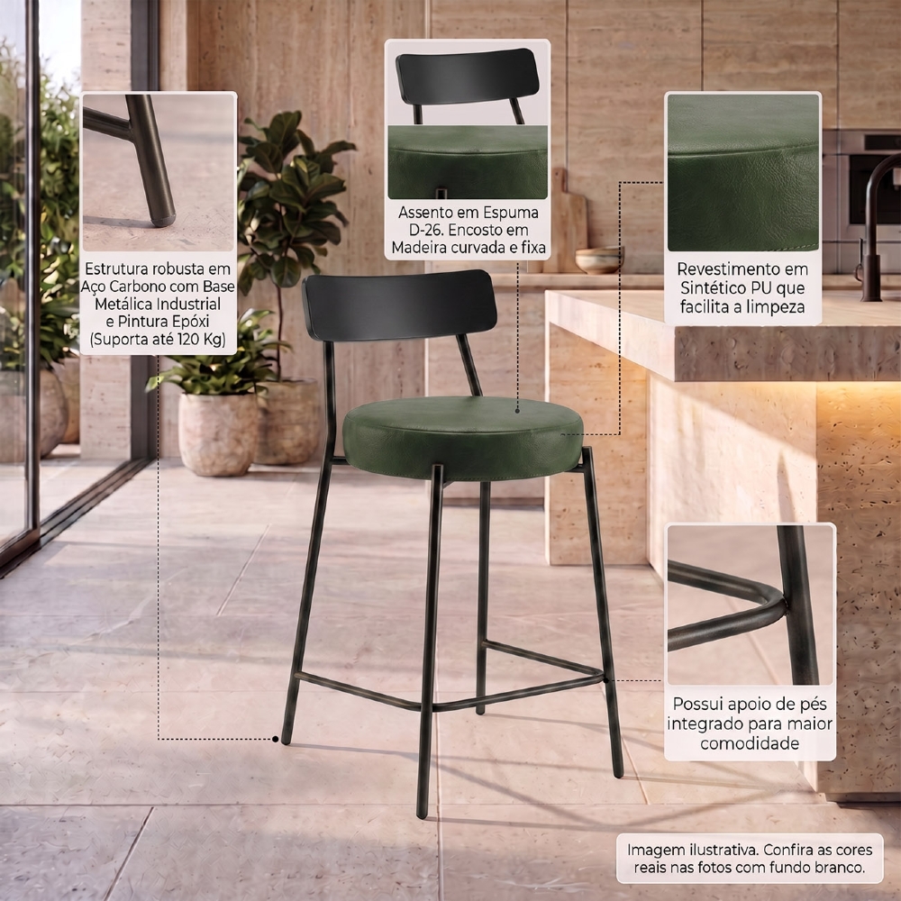 Banqueta Cozinha Média Kit 3 Modena Sintético Verde/Preto I01 - Mpozenato