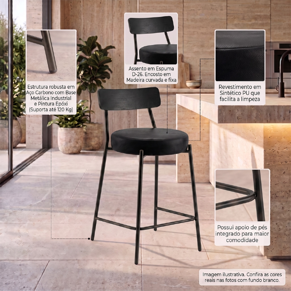 Banqueta Cozinha Média Kit 6 Modena Sintético Preto I01 - Mpozenato