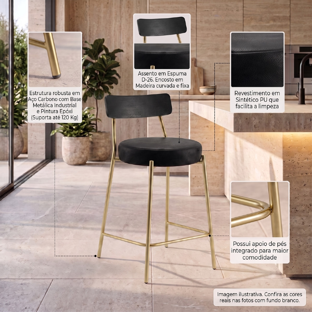 Banqueta Cozinha Média Kit 2 Modena Sintético Preto/Preto/Dr I01 - Mpozenato