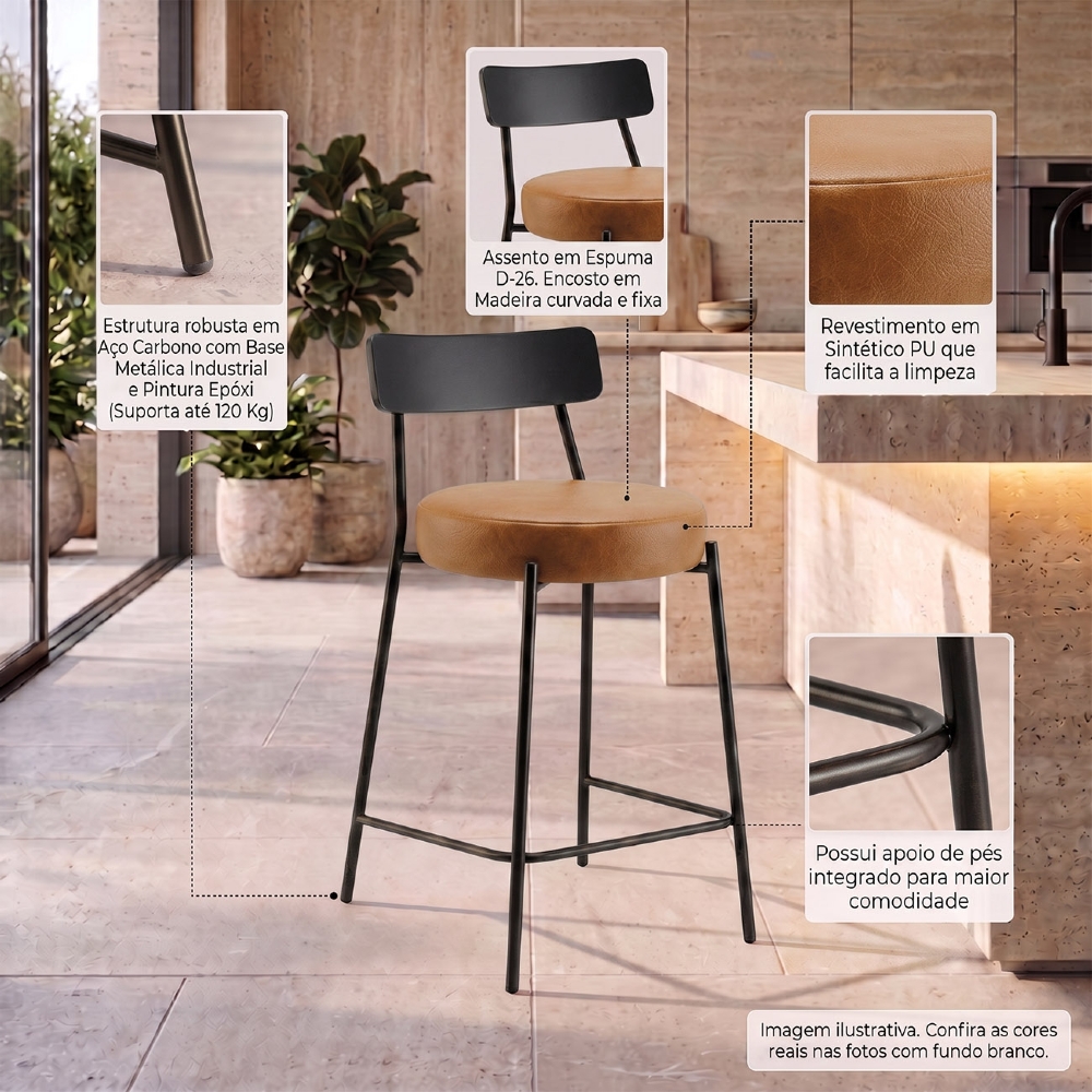 Banqueta Cozinha Alta Kit 4 Modena Sintético Whisky/Preto I01 - Mpozenato