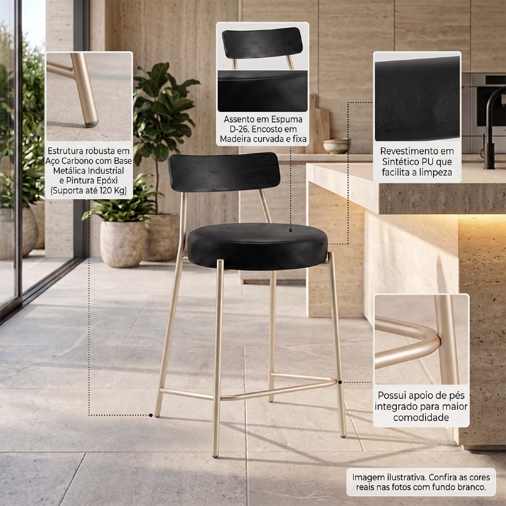 Banqueta Cozinha Alta Kit 2 Modena Sintético Preto/Preto/Chp I01 - Mpozenato