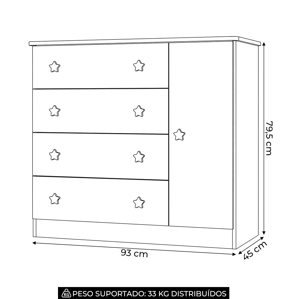 Cômoda Infantil Doce Sonho 1 Porta 4 Gavetas Branco - Qmovi