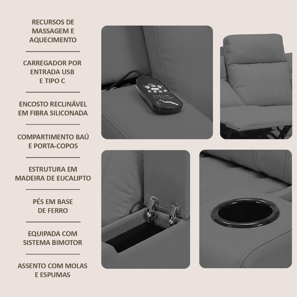 Poltrona Reclinável Cinema 3 Lugares Massagem Moscou Sintético Cinza Z57 - Mpozenato