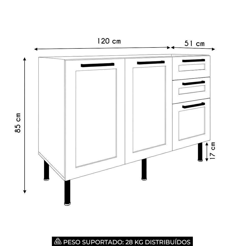 Balcão Cozinha 120cm Para Pia Com 2 Portas Zaya Branco T01  - Mpozenato
