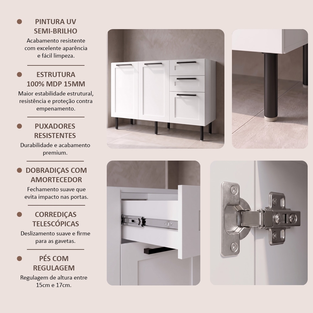 Balcão Cozinha 120cm Para Pia Com 2 Portas Zaya Branco T01  - Mpozenato