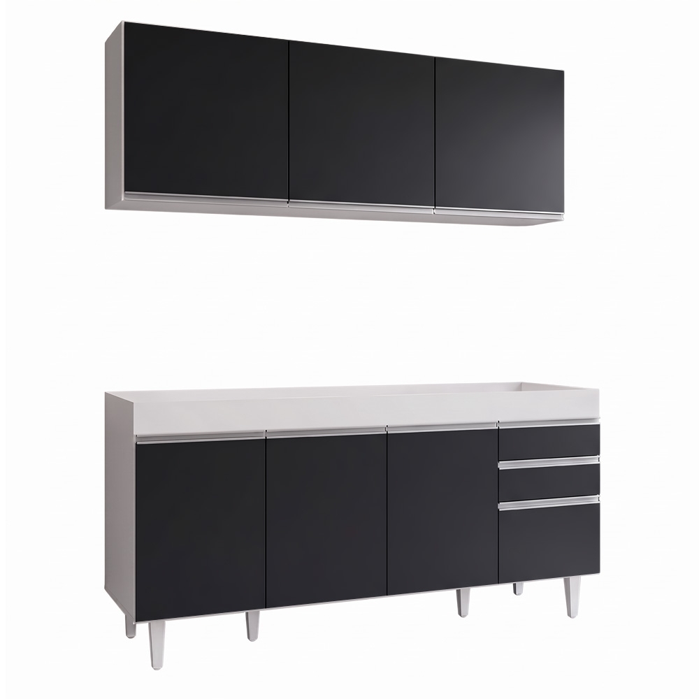 Armário Aéreo Argélia e Balcão Gabinete Para Pia 150cm sem Tampo Marrocos  Branco/Preto - Lumil Móveis