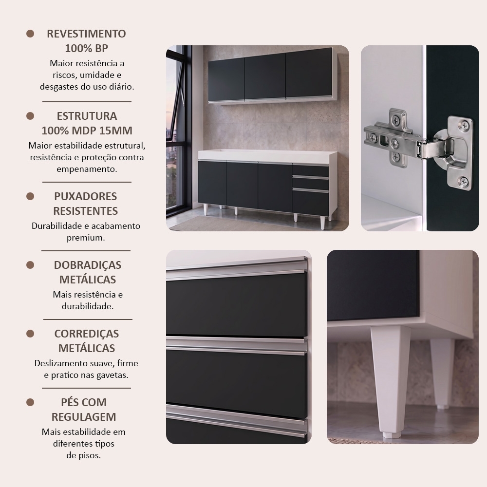 Armário Aéreo Argélia e Balcão Gabinete Para Pia 150cm sem Tampo Marrocos  Branco/Preto - Lumil Móveis