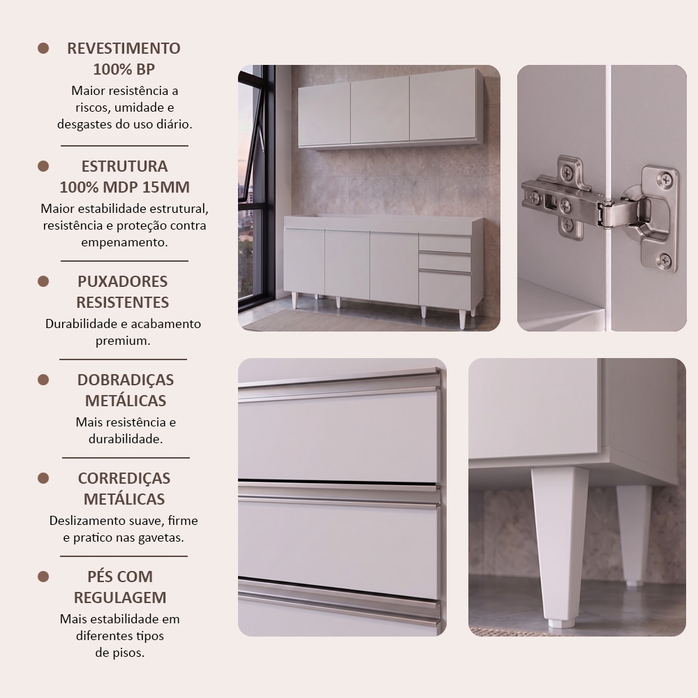 Armário de Cozinha Argélia e Balcão Gabinete 150cm sem Tampo Marrocos Cinza Claro - Lumil