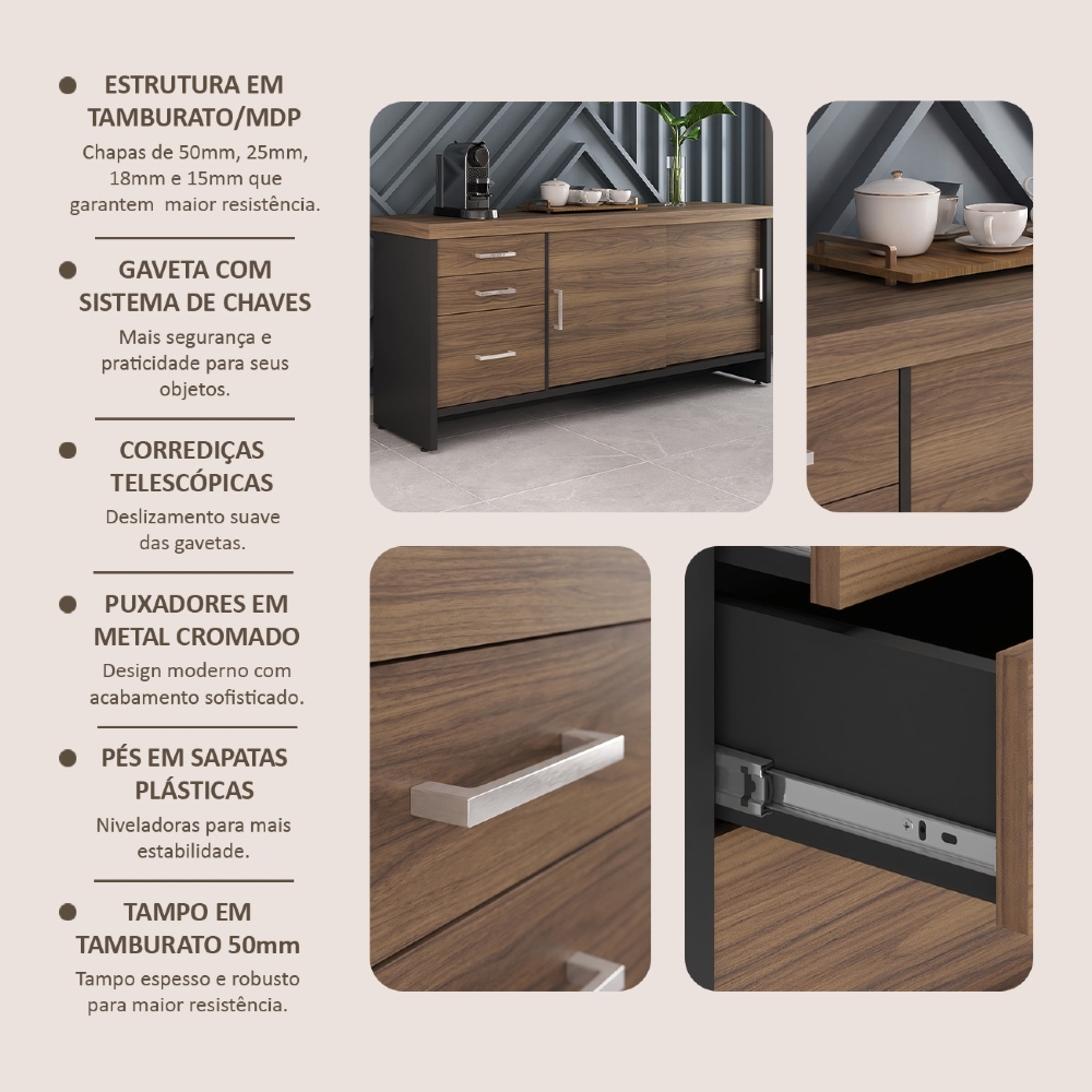 Balcão para Escritório 160cm 2 Portas 3 Gavetas Corp A06 Nogal/Preto - Mpozenato