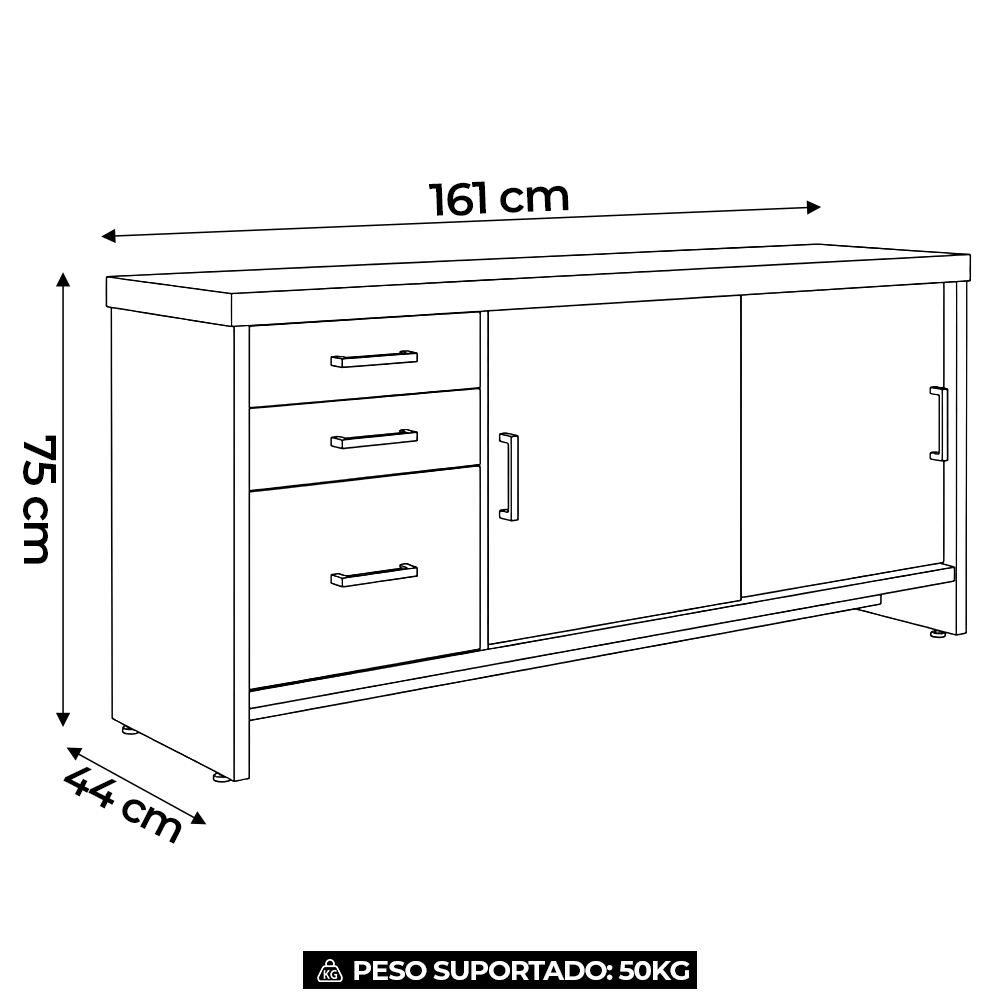 Balcão para Escritório 160cm 2 Portas 3 Gavetas Corp A06 Nogal/Preto - Mpozenato