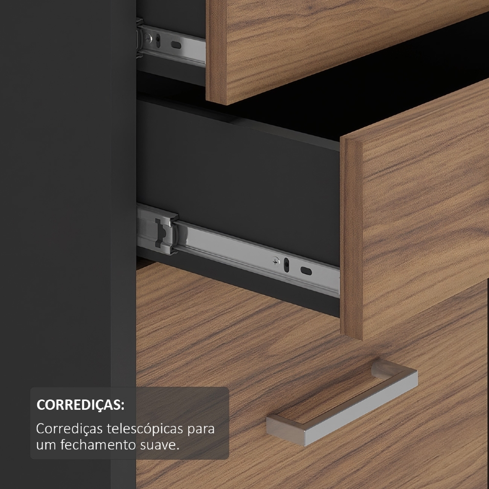 Balcão para Escritório 160cm 2 Portas 3 Gavetas Corp A06 Nogal/Preto - Mpozenato