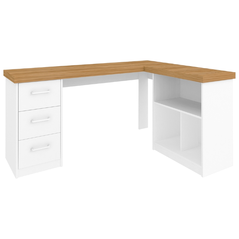 Mesa Escrivaninha em L 154cm 3 Gavetas Tower Olmo/Branco A06 - Mpozenato