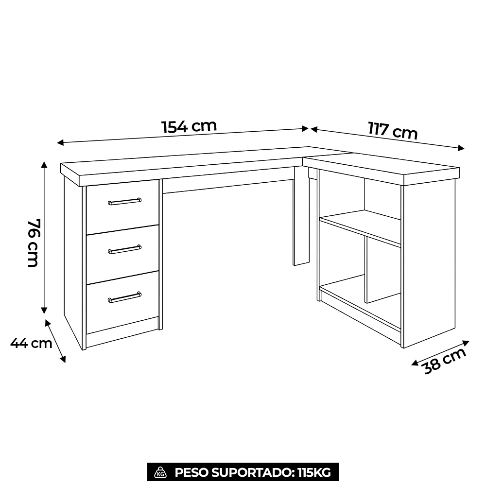 Mesa Escrivaninha em L 154cm 3 Gavetas Tower Olmo/Branco A06 - Mpozenato