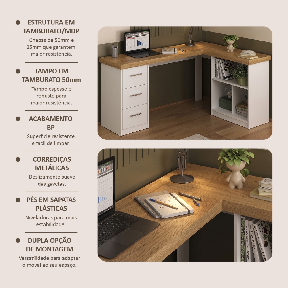 Mesa Escrivaninha em L 154cm 3 Gavetas Tower Olmo/Branco A06 - Mpozenato
