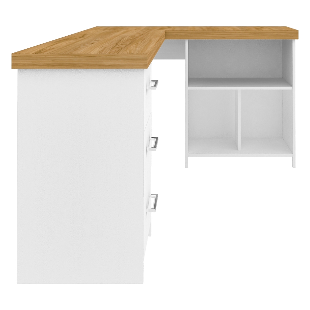 Mesa Escrivaninha em L 154cm 3 Gavetas Tower Olmo/Branco A06 - Mpozenato