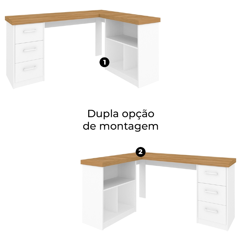Mesa Escrivaninha em L 154cm 3 Gavetas Tower Olmo/Branco A06 - Mpozenato