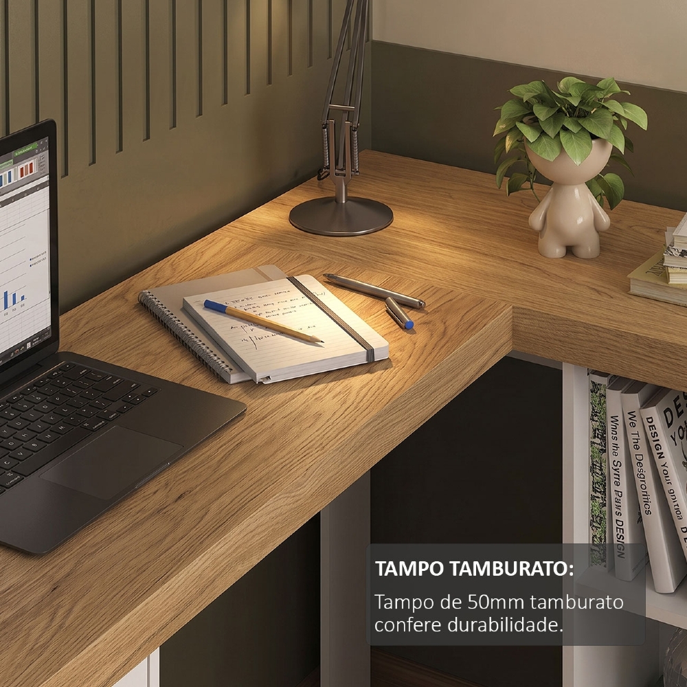 Mesa Escrivaninha em L 154cm 3 Gavetas Tower Olmo/Branco A06 - Mpozenato