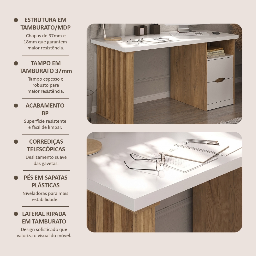Mesa Escrivaninha 143cm 2 Gavetas Flowers Branco/Olmo A06 - Mpozenato
