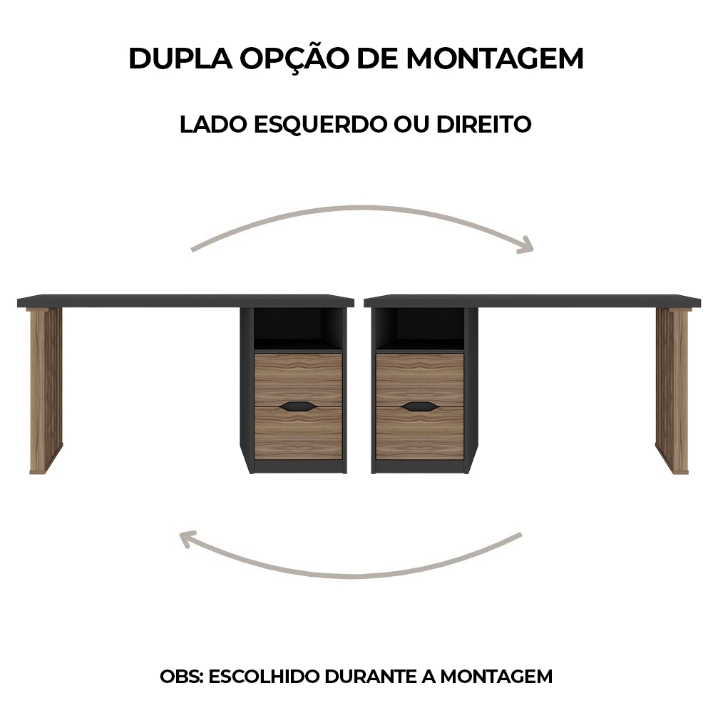 Mesa Escrivaninha 143cm 2 Gavetas Flowers Preto/Nogal A06 - Mpozenato
