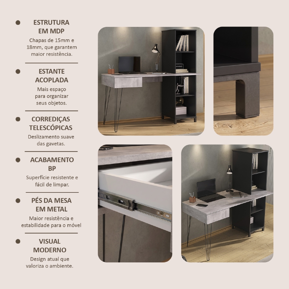 Mesa Escrivaninha com Estante Orizon A06 Concreto/Preto - Mpozenato