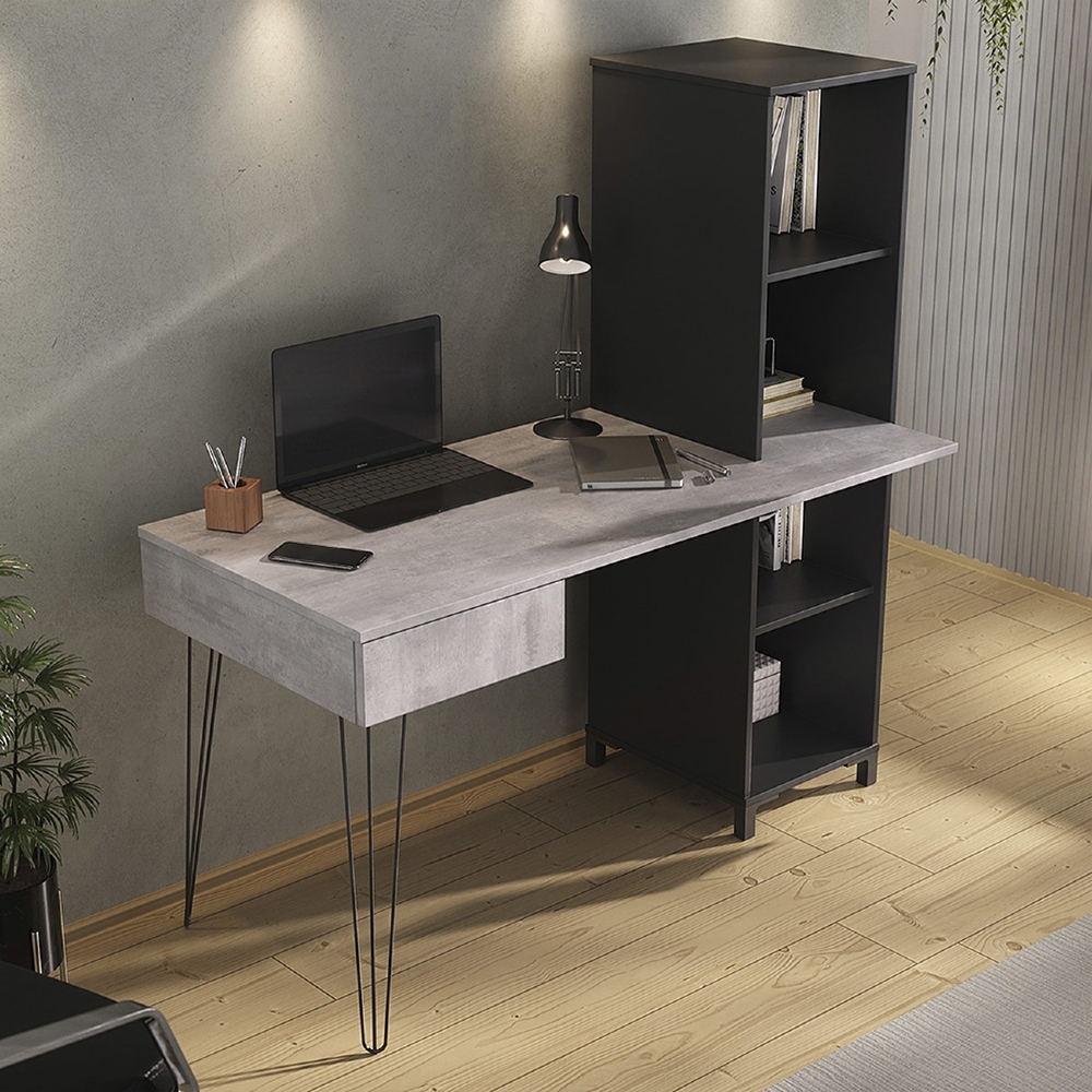 Mesa Escrivaninha com Estante Orizon A06 Concreto/Preto - Mpozenato