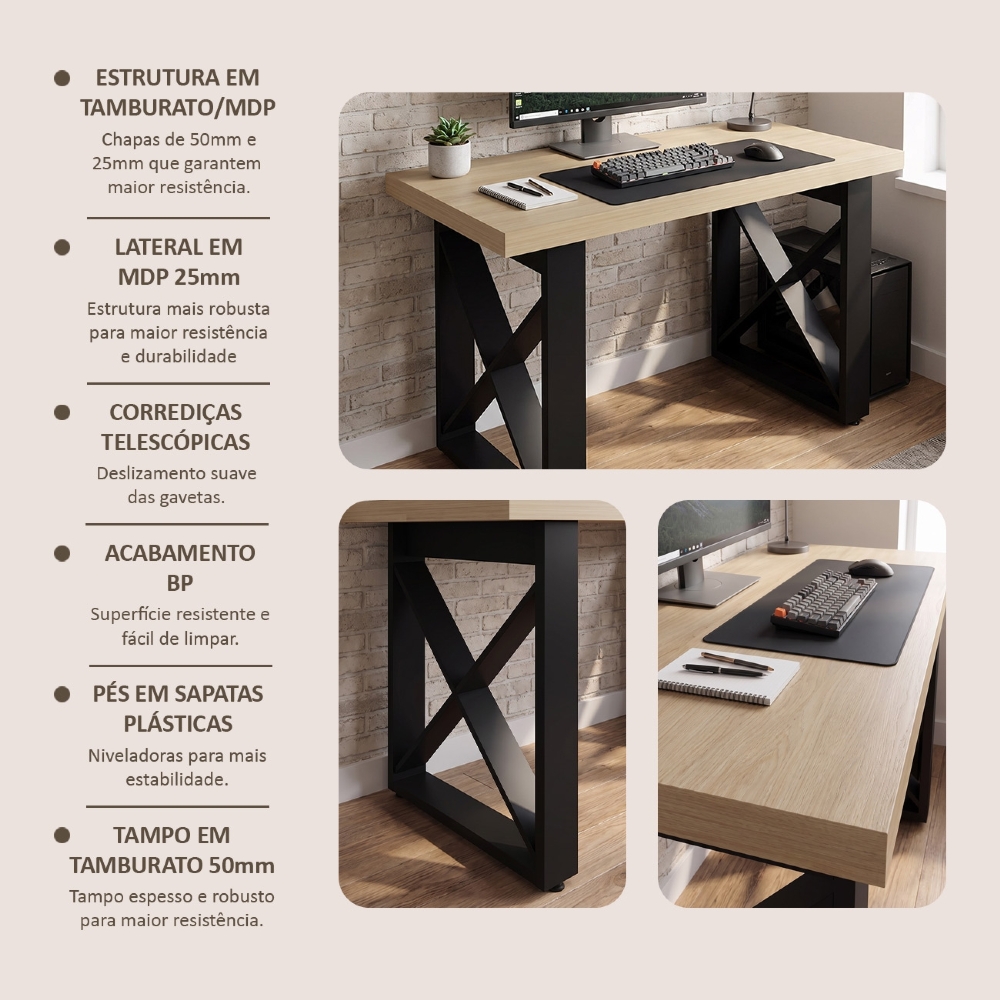 Mesa Para Computador Escrivaninha 135cm Hive Carvalho/Preto A06 - Mpozenato