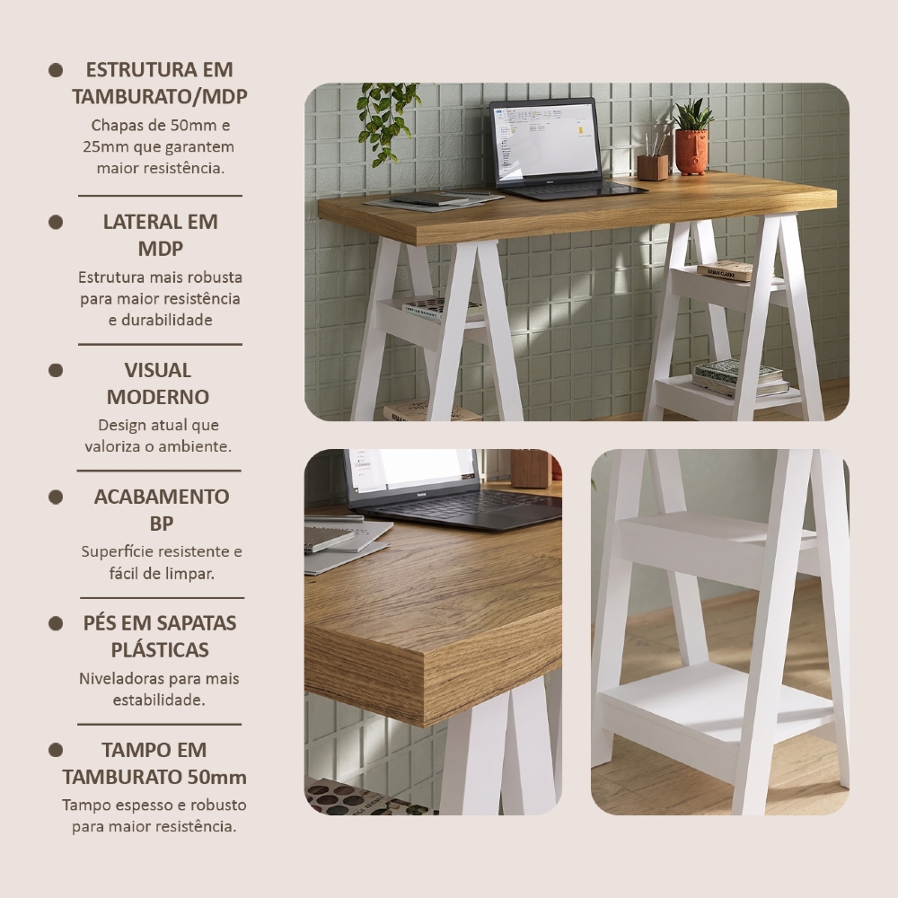 Mesa Escrivaninha 135cm Pés Cavalete Darte A06 Olmo/Branco - Mpozenato