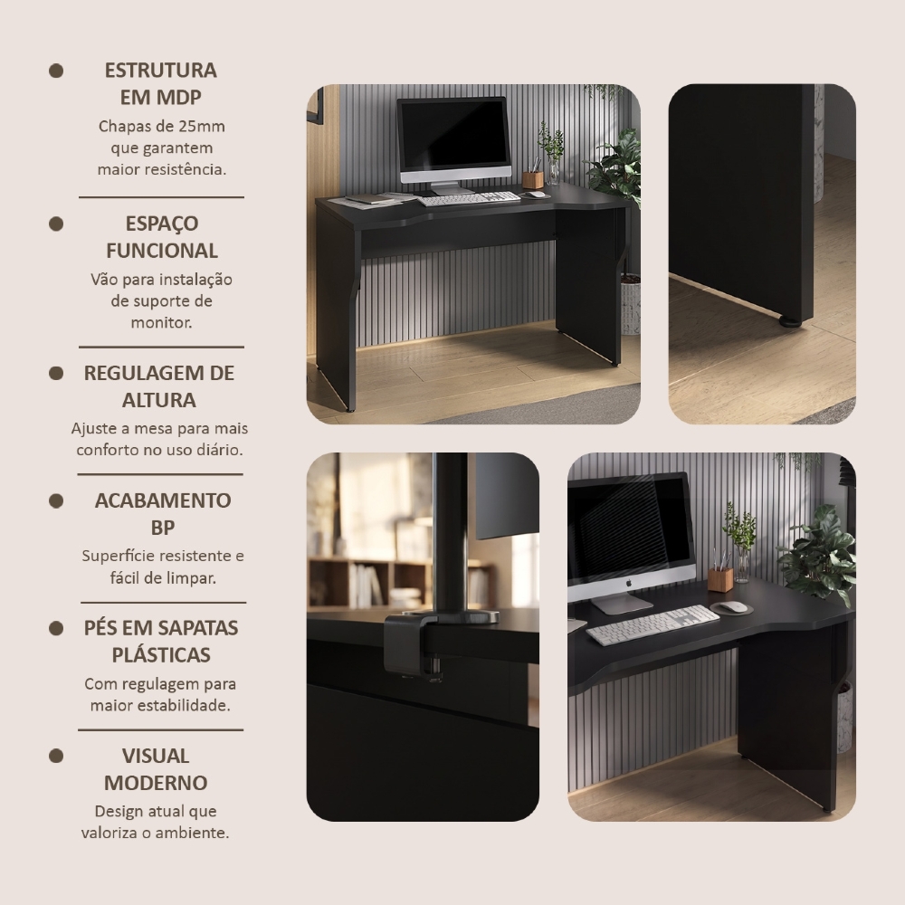 Mesa Para Computador Escrivaninha 120cm Level Preto A06 - Mpozenato