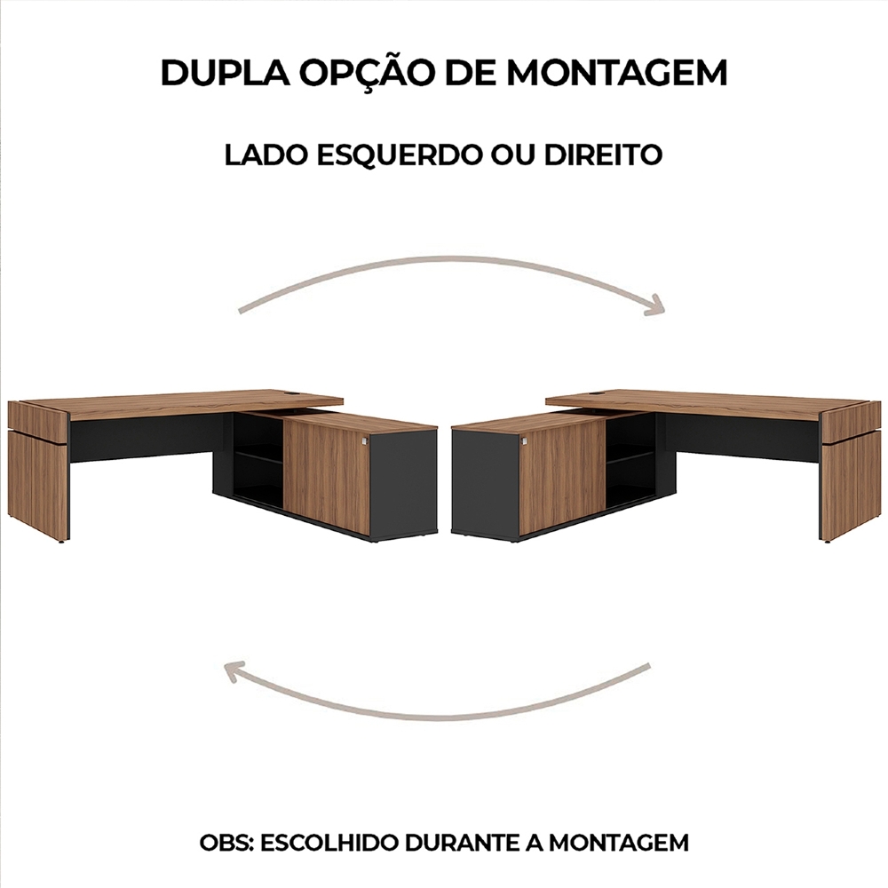 Mesa Diretor em L com Tomada 183x202cm Corp A06 Nogal/Preto - Mpozenato