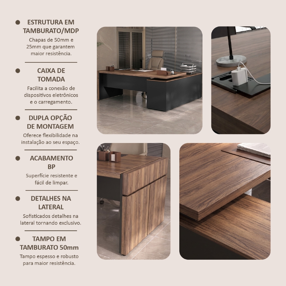 Mesa Diretor em L com Tomada 183x202cm Corp A06 Nogal/Preto - Mpozenato