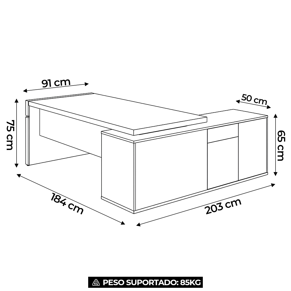 Mesa Diretor em L com Tomada 183x202cm Corp A06 Nogal/Preto - Mpozenato