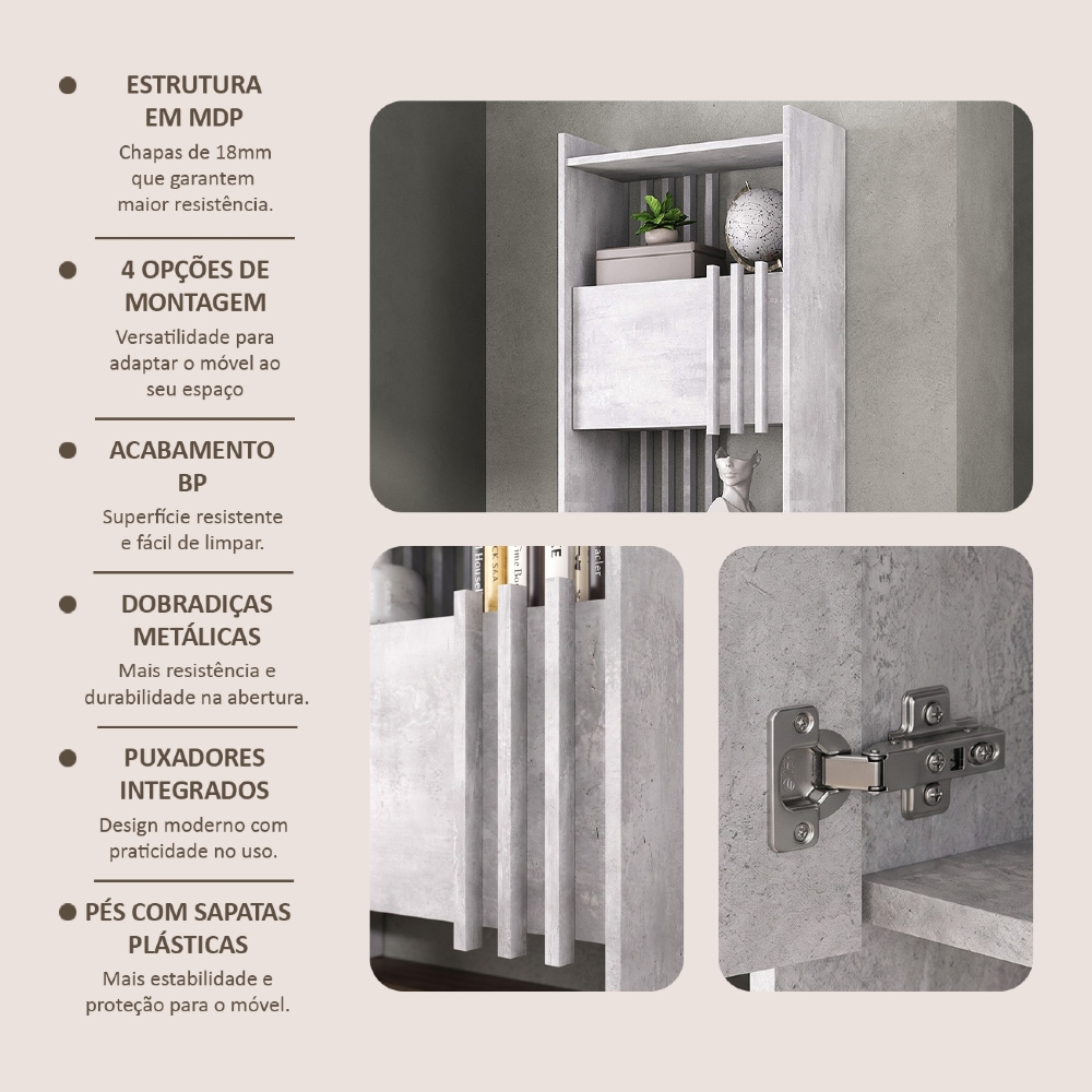 Estante Livreiro 64cm 2 Portas e Nichos Atria Concreto A06 - Mpozenato