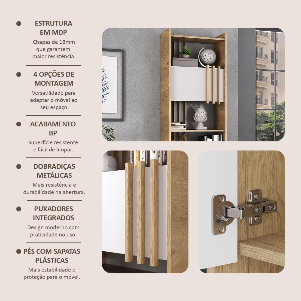 Estante Livreiro 64cm 2 Portas e Nichos Atria Olmo/Branco A06 - Mpozenato