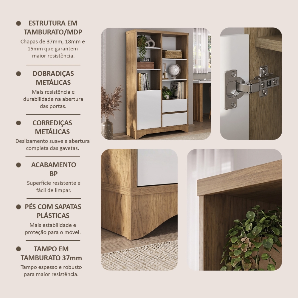 Estante Livreiro 90cm 1 Porta 2 Gavetas Solara Olmo/Branco A06 - Mpozenato