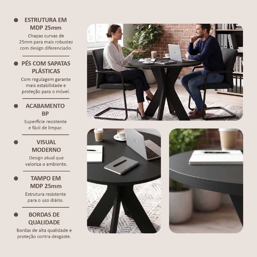 Mesa Para Escritório Redonda 90cm Orbit Preto A06 - Mpozenato