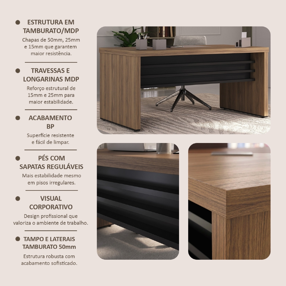 Mesa para Escritório 158cm Tamburato Corp A06 Nogal/Preto - Mpozenato