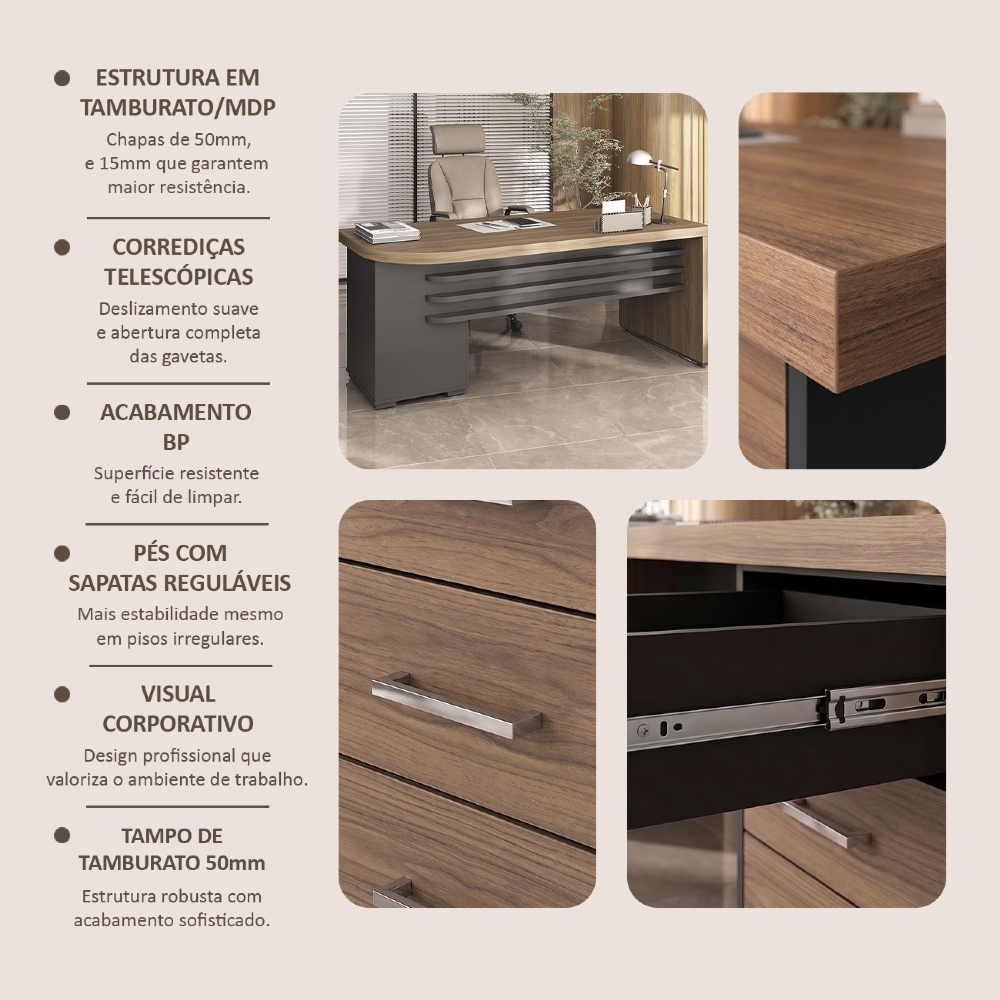 Mesa para Escritório com Gavetas Lado Direito Corp A06 Nogal/Preto - Mpozenato