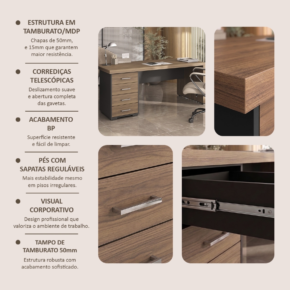 Mesa para Escritório com Gavetas Lado Esquerdo Corp A06 Nogal/Preto - Mpozenato