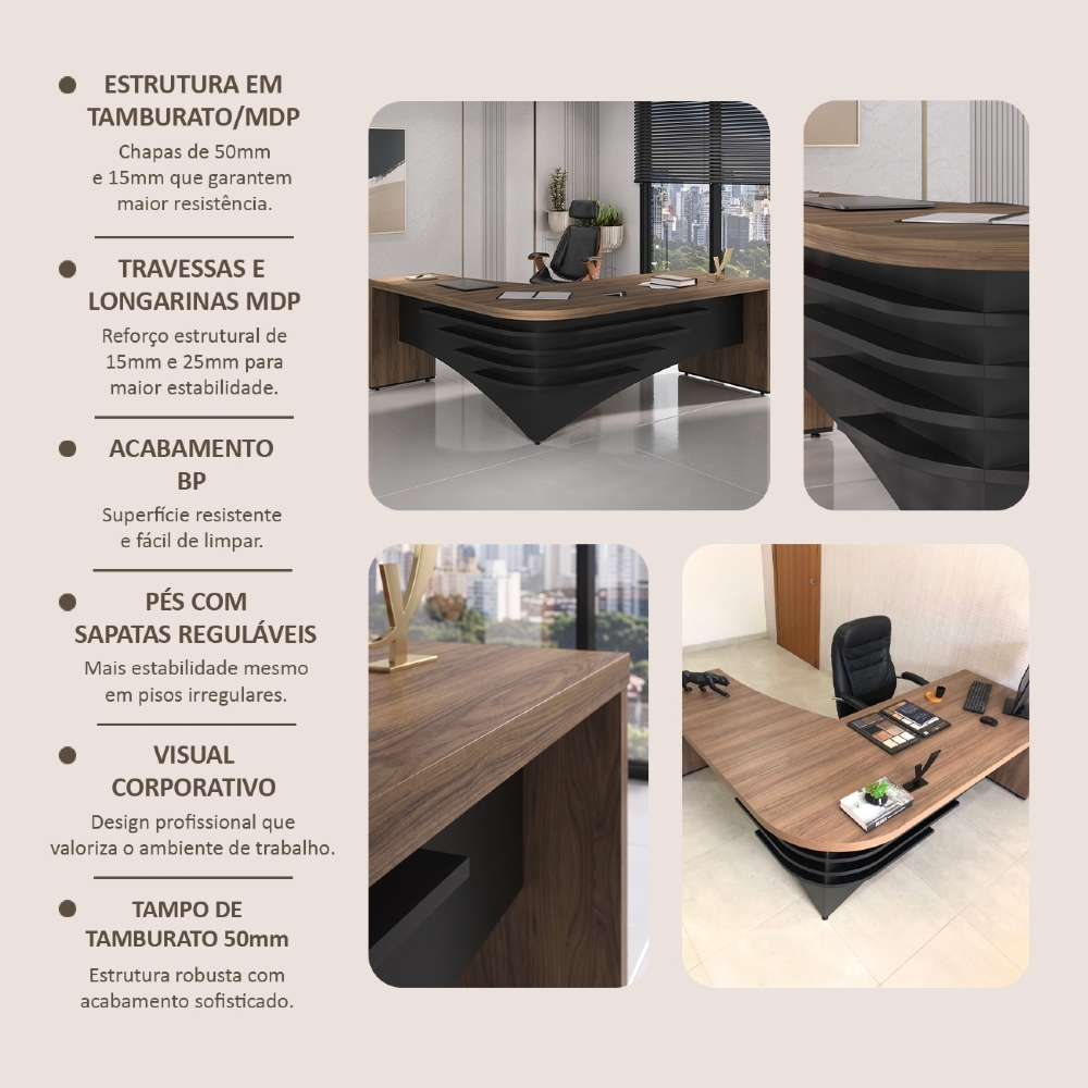 Mesa Diretor em L Lado Direito 200x180cm Corp A06 Nogal/Preto - Mpozenato