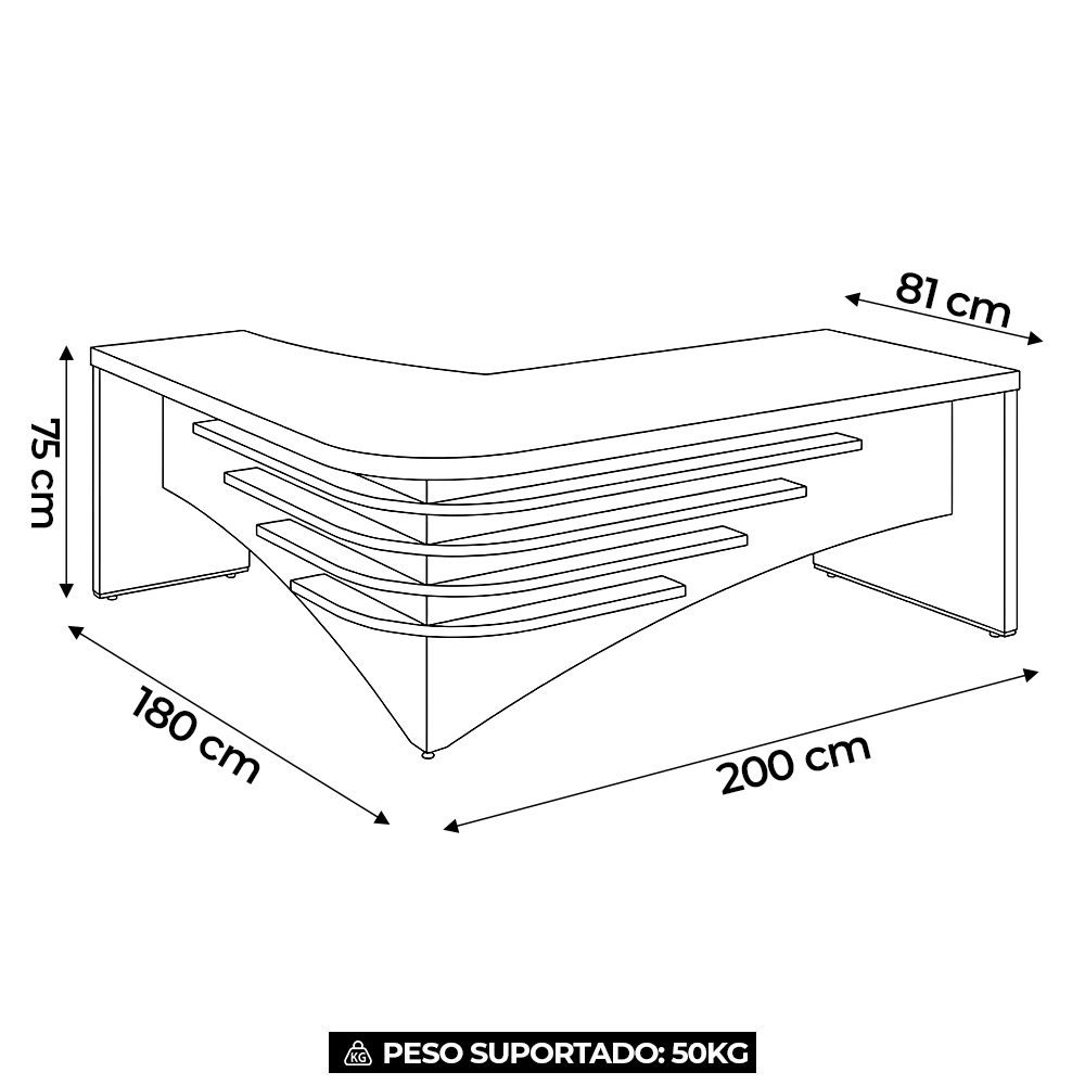 Mesa Diretor em L Lado Direito 200x180cm Corp A06 Nogal/Preto - Mpozenato
