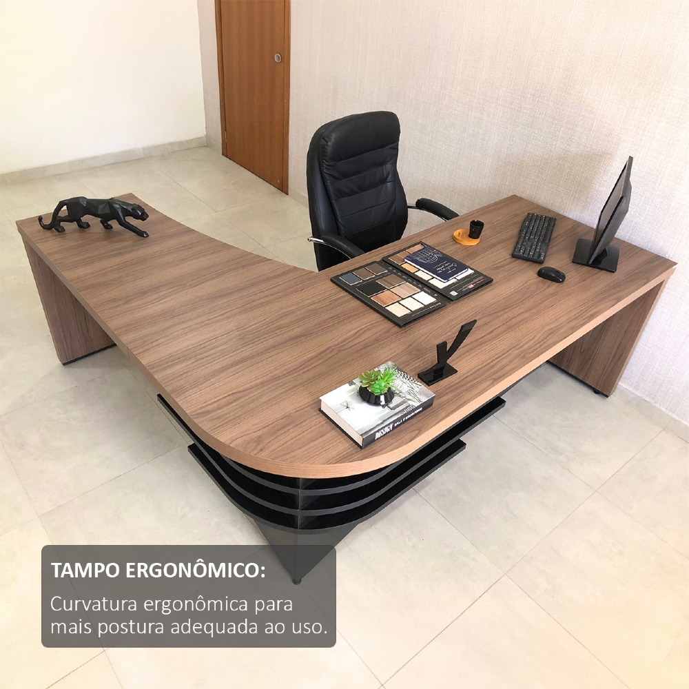 Mesa Diretor em L Lado Direito 200x180cm Corp A06 Nogal/Preto - Mpozenato