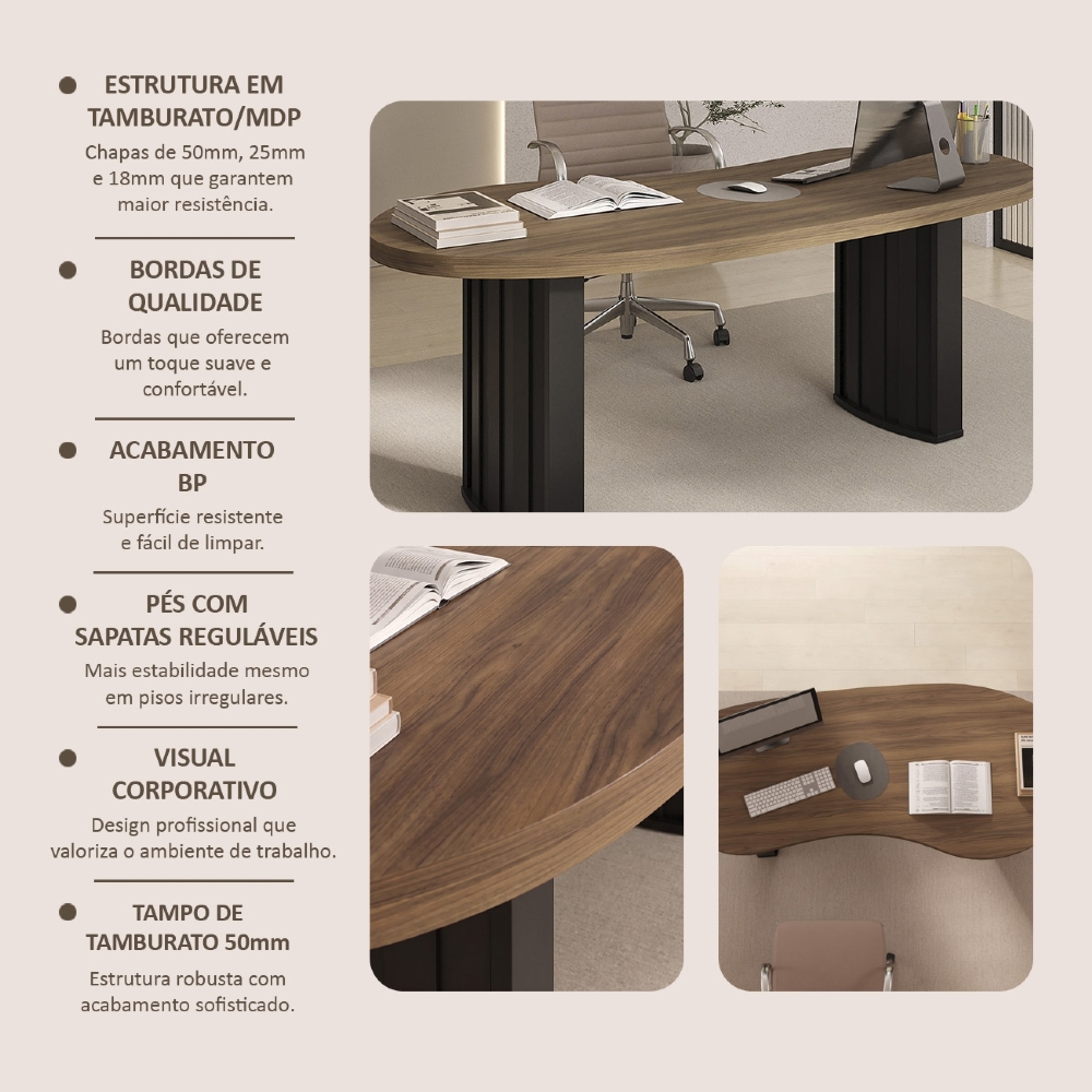 Mesa Para Escritório Reunião 200cm Vinny Nogal/Preto A06 - Mpozenato