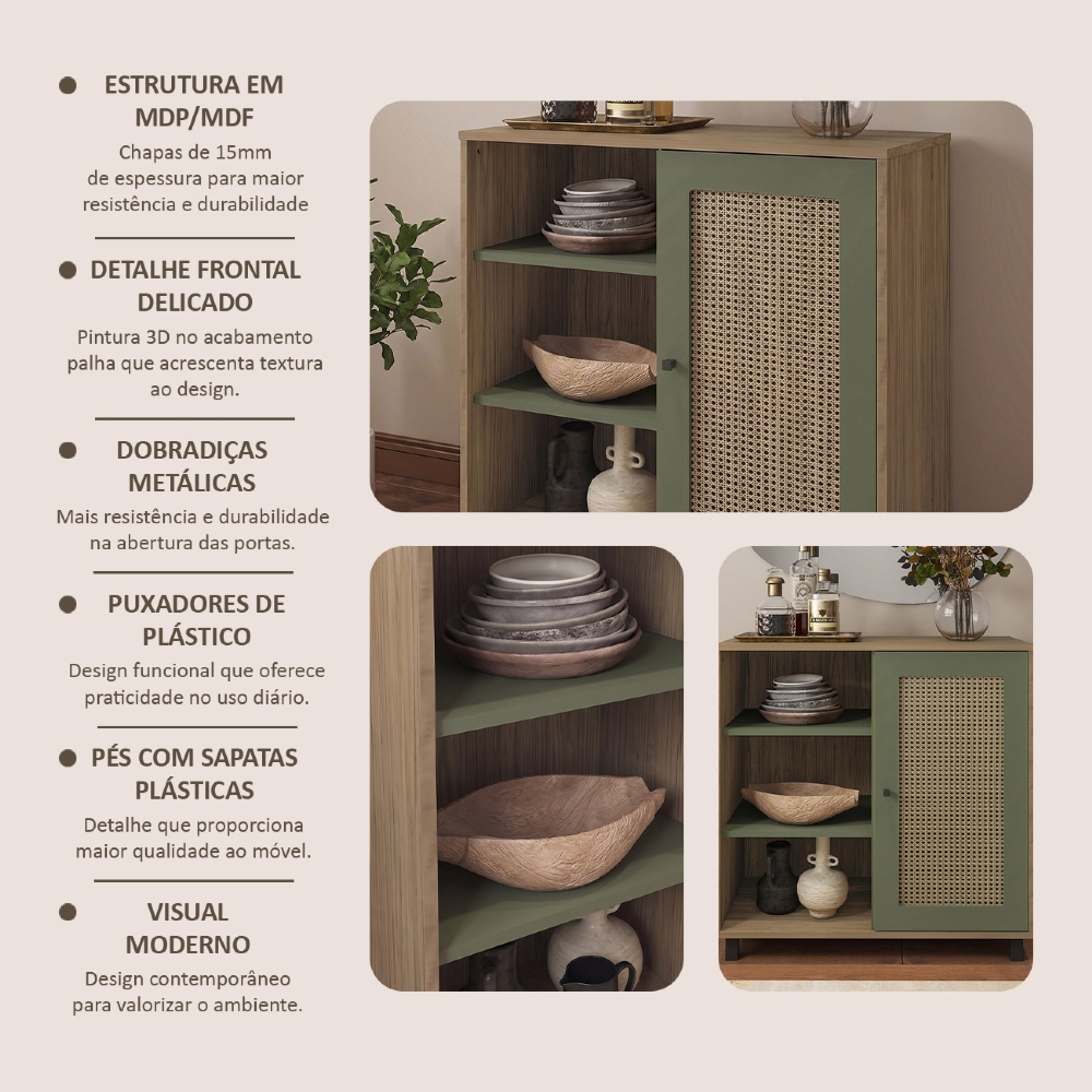 Buffet Aparador 80cm 1 Porta Sofie Carvalho/Menta A09 - Mpozenato
